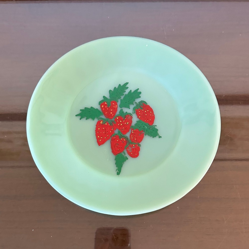 Vintage Fire-King Jadeite Glass Hand Painted Strawberry Plate 9'' Made in USA